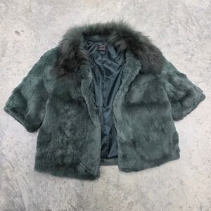 Betta Corradi Green Short Sleeve Rabbit Paccoon Fur Coat with Fur Collar Medium